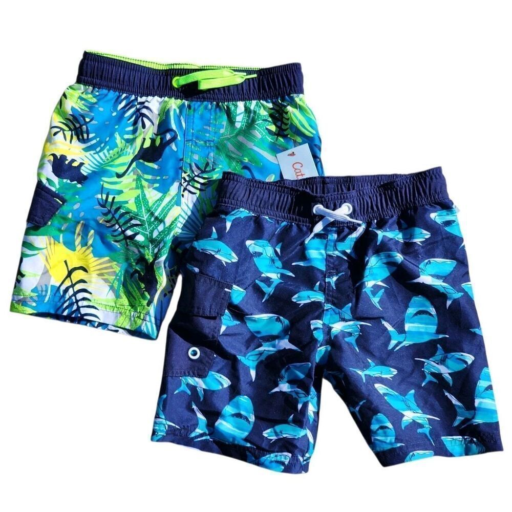 Cat & Jack Swim Trunks Lot of 2 Shorts Mesh Lined Sharks Striped Boys XS 4/5